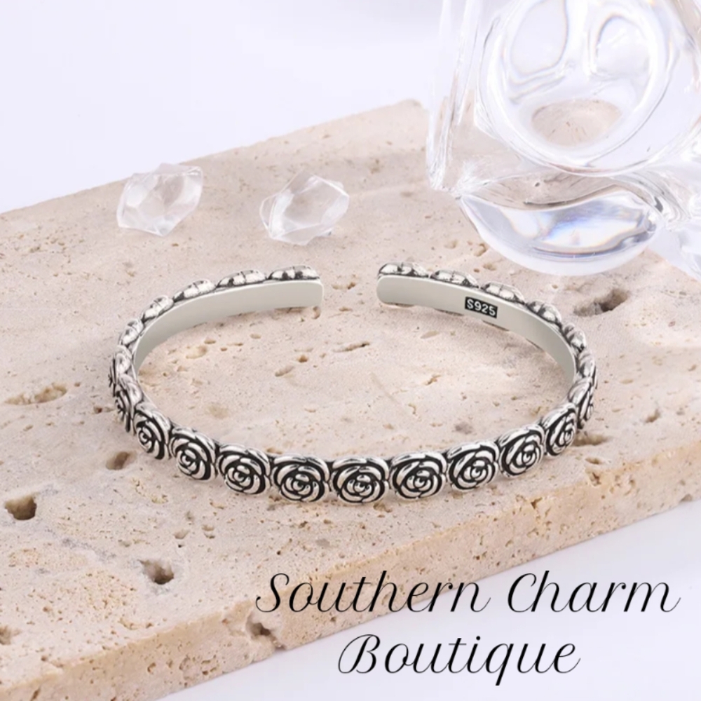 Southern Charm Boutique Sterling Silver Rose-Pattern Cuff Bracelet - Silver